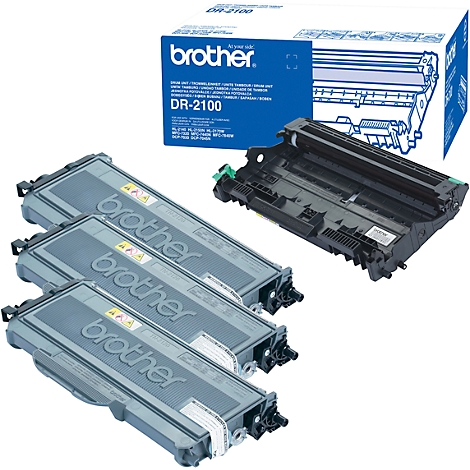 Drei graue Brother-Toner-Kartuschen neben einer Tonertrommel und einer Produktverpackung. Aufschrift: DR-2100.