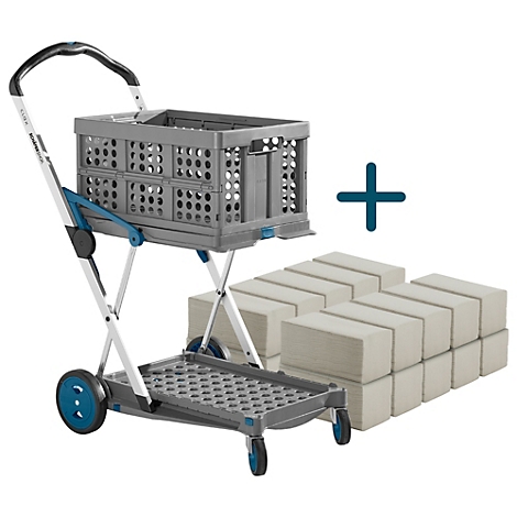 Grauer Einkaufstrolley mit grauen Steinen, ein Pluszeichen rechts daneben.