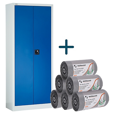 Blau-weißer Schrank mit Müllbeuteln und einem Pluszeichen daneben.