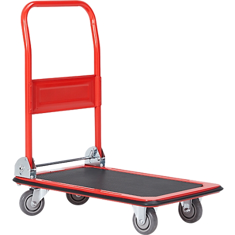Ein roter Transportwagen mit schwarzer Ladefläche und vier Rädern. Der Griff ist hochgezogen.