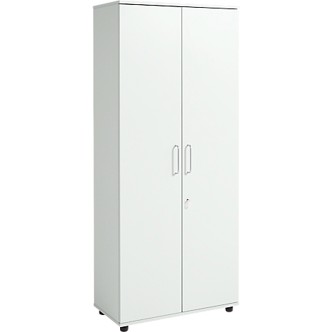 Weißer Schrank mit zwei Türen, zwei Griffen und einem Schlüsselloch.