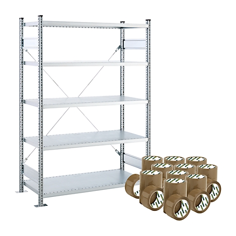 Metallregal mit mehreren Regalböden, darauf Dosen.