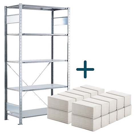 Regal mit mehreren Ebenen neben stapelweise Papierhandtüchern; blaues Pluszeichen.