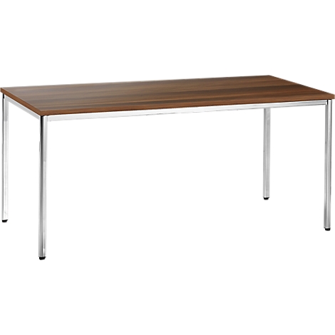 Ein rechteckiger, brauner Tisch mit silbernen Beinen. 