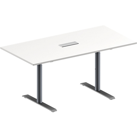 Weißer Tisch mit grauem Gestell. Rechteckige Tischplatte mit eingelassener Metallplatte. Zwei Säulen mit T-Fuß.