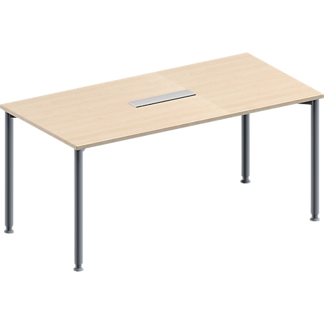 Ein rechteckiger, heller Holztisch mit Metallbeinen. In der Mitte befindet sich eine schmale, silberne Öffnung.