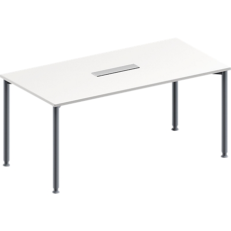 Weißer Tisch mit Metallbeinen und eingelassener Medienleiste.