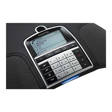 Schwarzes Konferenztelefon, Nahaufnahme. Es hat eine LCD-Anzeige mit Kontakten und eine Tastatur mit Ziffern und Funktionen. Auf dem Gerät ist die Marke "KONFTEL" zu sehen.