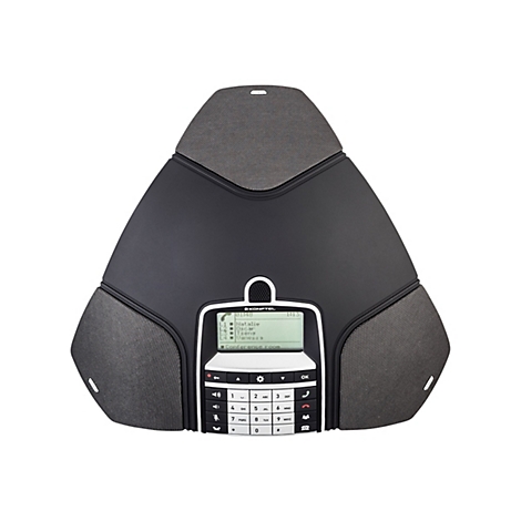 Schwarzes Konferenztelefon mit Lautsprechern und Display. Auf dem Display: Anrufliste. Mit Zahlen und Funktionstasten.