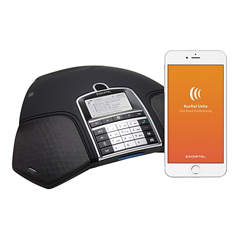 Konftel Konferenztelefon mit Tastenfeld und Display sowie daneben ein Smartphone mit der Konftel Unite App.