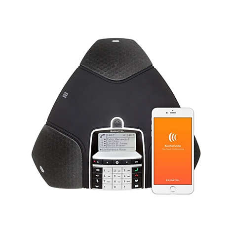 Schwarzes Konftel Konferenztelefon mit Display und Ziffernblock, daneben ein Smartphone mit Konftel Unite App.