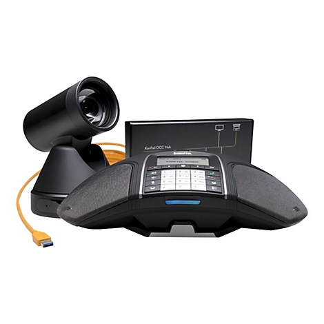 Konftel Videokonferenz-Set mit schwarzer Kamera, Konferenztelefon und Hub vor weißem Hintergrund.