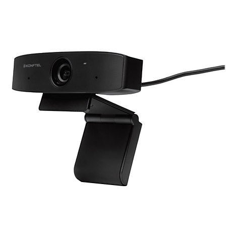 Schwarze Konftel-Webcam auf verstellbarem Standfuß, vor weißem Hintergrund.
