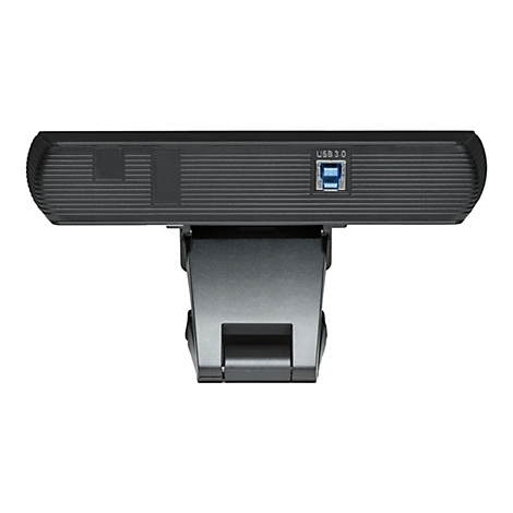 Schwarze Webcam mit USB 3.0 Anschluss, unter einem weißen Hintergrund. Die Webcam hat eine Halterung.