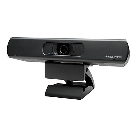 Schwarze Webcam auf einem weißen Hintergrund. Die Webcam hat ein längliches Design mit einer Kamera in der Mitte, einen Ständer und dem Logo "KONFTEL".