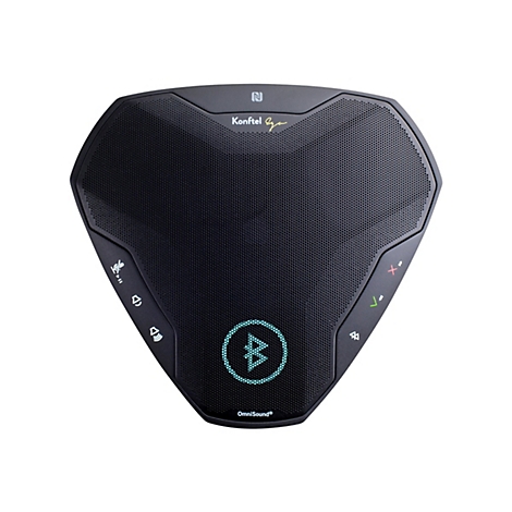 Schwarzes, dreieckiges Konftel Ego Konferenztelefon mit Bluetooth-Symbol und Tasten auf weißem Grund.