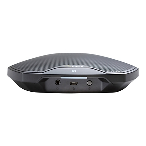 Schwarzes Konftel Konferenztelefon mit Anschlüssen für Kopfhörer, USB und Ein-Aus-Taste.