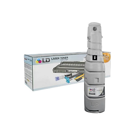 Grauer Lasertoner, daneben die Kartuschen-Verpackung. Auf der Verpackung steht "LD Laser Toner"