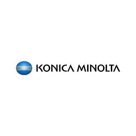 Logo von Konica Minolta: Eine blaue Weltkugel mit weißen Streifen, daneben steht in schwarzer Schrift "KONICA MINOLTA".