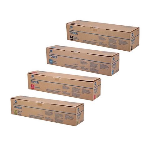 Vier Toner-Kartuschen in Kartons, beschriftet mit den Farben Schwarz, Cyan, Magenta und Gelb.