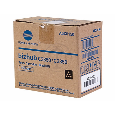 Brauner Karton von Konica Minolta mit Texten wie "bizhub c3850/C3350" und "Toner Cartridge - Black (K)".
