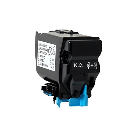 Schwarze Tonerkartusche mit Warnhinweisen, Aufklebern, hellblauen Elementen und weißen Hintergrund.