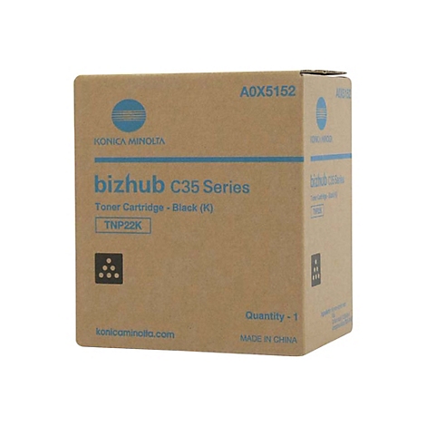 Braune Kartonverpackung mit Aufdruck Konica Minolta Bizhub C35 Series mit schwarzer Toner-Kartusche. Aufschrift TNP22K.
