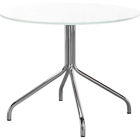 Round table with white glass top and chrome frame.
