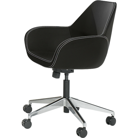 Black office chair with white stitching and chrome frame. The chair is equipped with five castors.