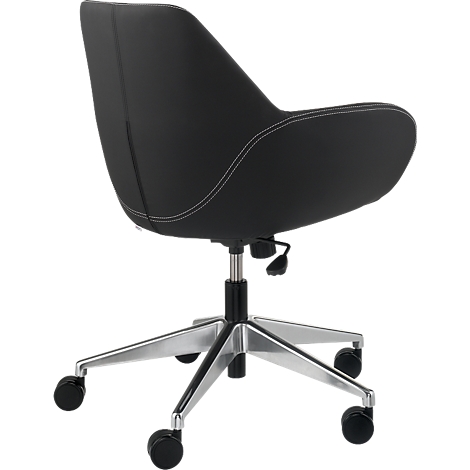 Black office chair, rear view. Black seat with white stitching, silver frame with wheels.