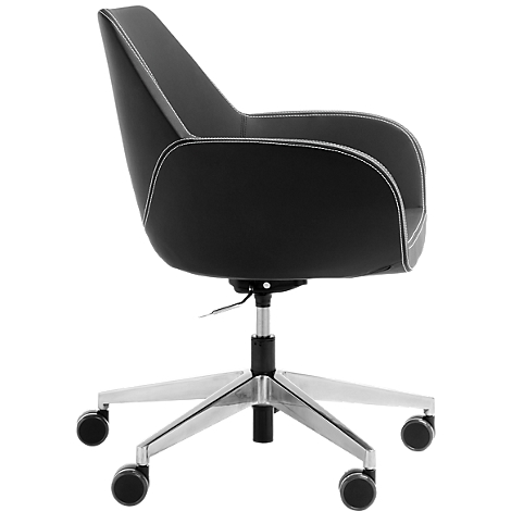 Black office chair with white stitching, metal base and castors.