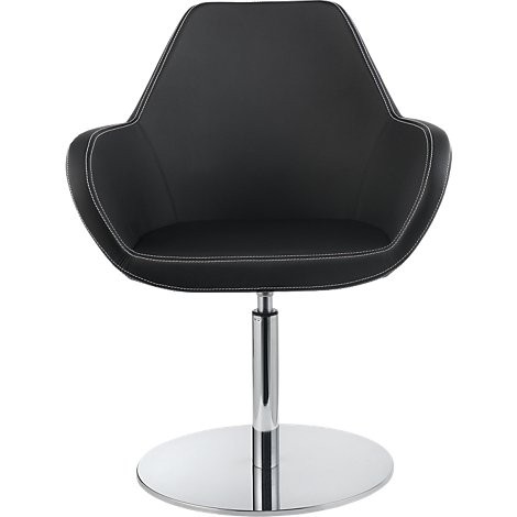 Black swivel chair with white stitching and chrome base.