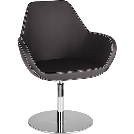 Dark gray swivel chair. The seat is dark, the seams white. The base is metal.