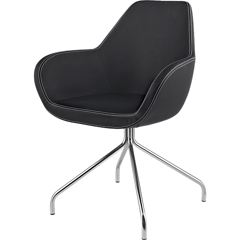 Black swivel chair with white stitching and chrome frame.