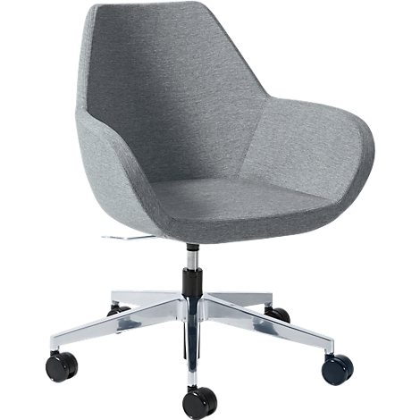 Grey office chair with armrests and wheels, against a white background.