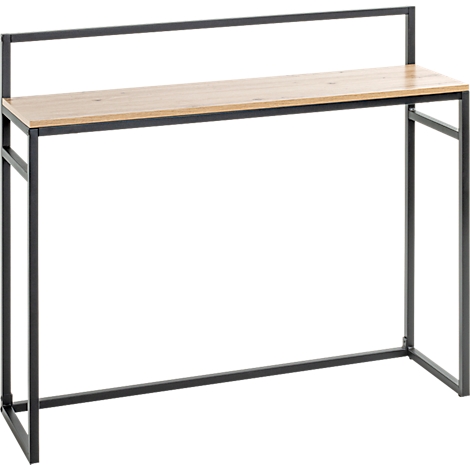 Hoher Tisch aus Holz und Metall. Schwarzes Metallgestell mit hellbrauner Tischplatte und zusätzlichem Metallrahmen oben.