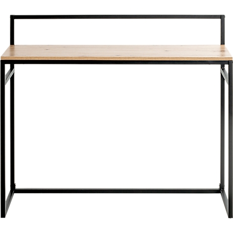 Ein Schreibtisch mit Holzplatte und schwarzem Metallgestell. Über der Platte befindet sich ein kleines Regal.