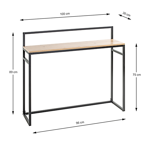 Hoher Konsolentisch mit Holzplatte und schwarzem Metallgestell, mit Maßangaben. Holz 100 cm breit, 30 cm tief und 89 cm hoch.