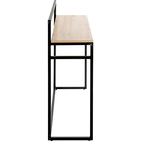 Schreibtisch, Metallgestell, Holzplatte. Seitenansicht.