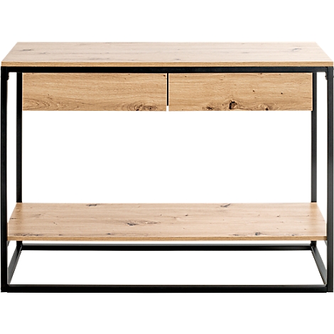 Konsole aus Holz mit schwarzem Metallrahmen. Sie hat zwei Schubladen und eine Ablage.