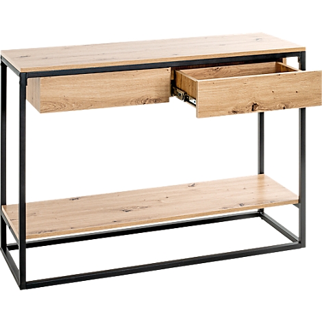Konsole aus Holz mit schwarzem Metallrahmen, eine Schublade geöffnet.