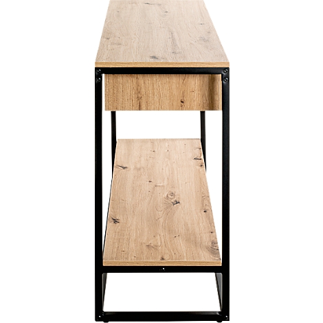 Schmales Sideboard aus Holz mit schwarzem Metallgestell, ein Schubfach, eine Ablage.