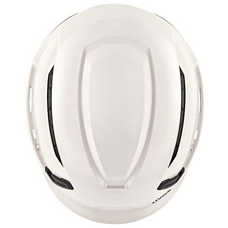 Weißer Fahrradhelm von oben gesehen. Auf dem Helm sind Belüftungsöffnungen und der Schriftzug "UVEX" zu sehen.
