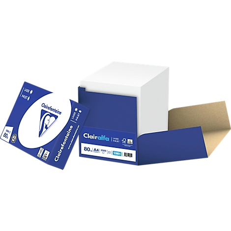 Blauw en witte papierverpakking met papier. Een verpakking ligt ernaast. Opschrift: Clairefontaine, Clairalfa.