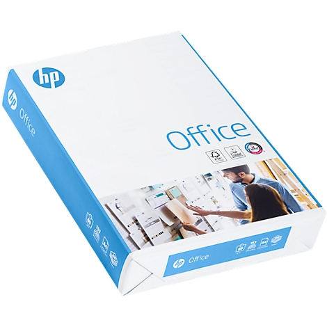 Een HP office papierpakket. Wit pakket met blauwe randen. Print "Office", HP-logo en een illustratie.