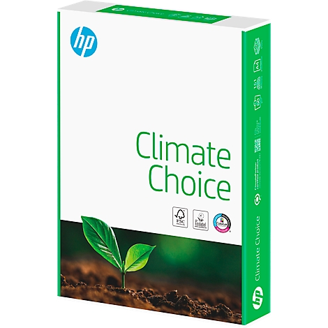 Papieren verpakking met de tekst Climate Choice. Onderin ontkiemt een plant uit de aarde.