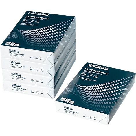 Stapel papier. Blauwe en witte verpakking met de inscriptie Professional. Sommige pakken zijn op elkaar gestapeld, één ligt ernaast.