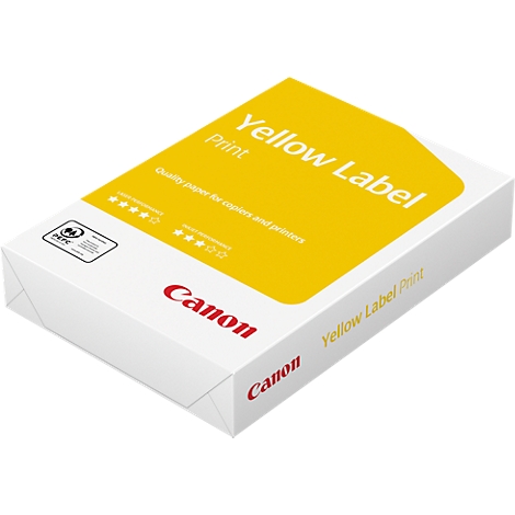 Ein weißer Papierstapel, der gelb beschriftet ist. Der Text auf der Oberseite lautet: "Yellow Label Print", darunter steht "Canon".