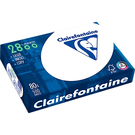 Ein blaues Papierpaket der Marke Clairefontaine mit dem Logo der Marke und der Aufschrift 28Laser, 80g, 500 Blatt.