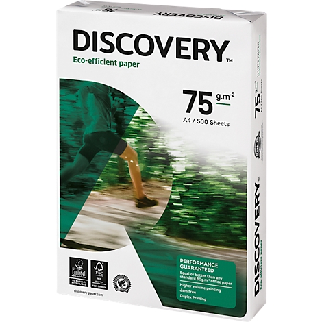 Eine Packung "Discovery"-Papier, 75 g/m², A4/500 Blatt. Das Bild zeigt einen Läufer, Logos und Text.